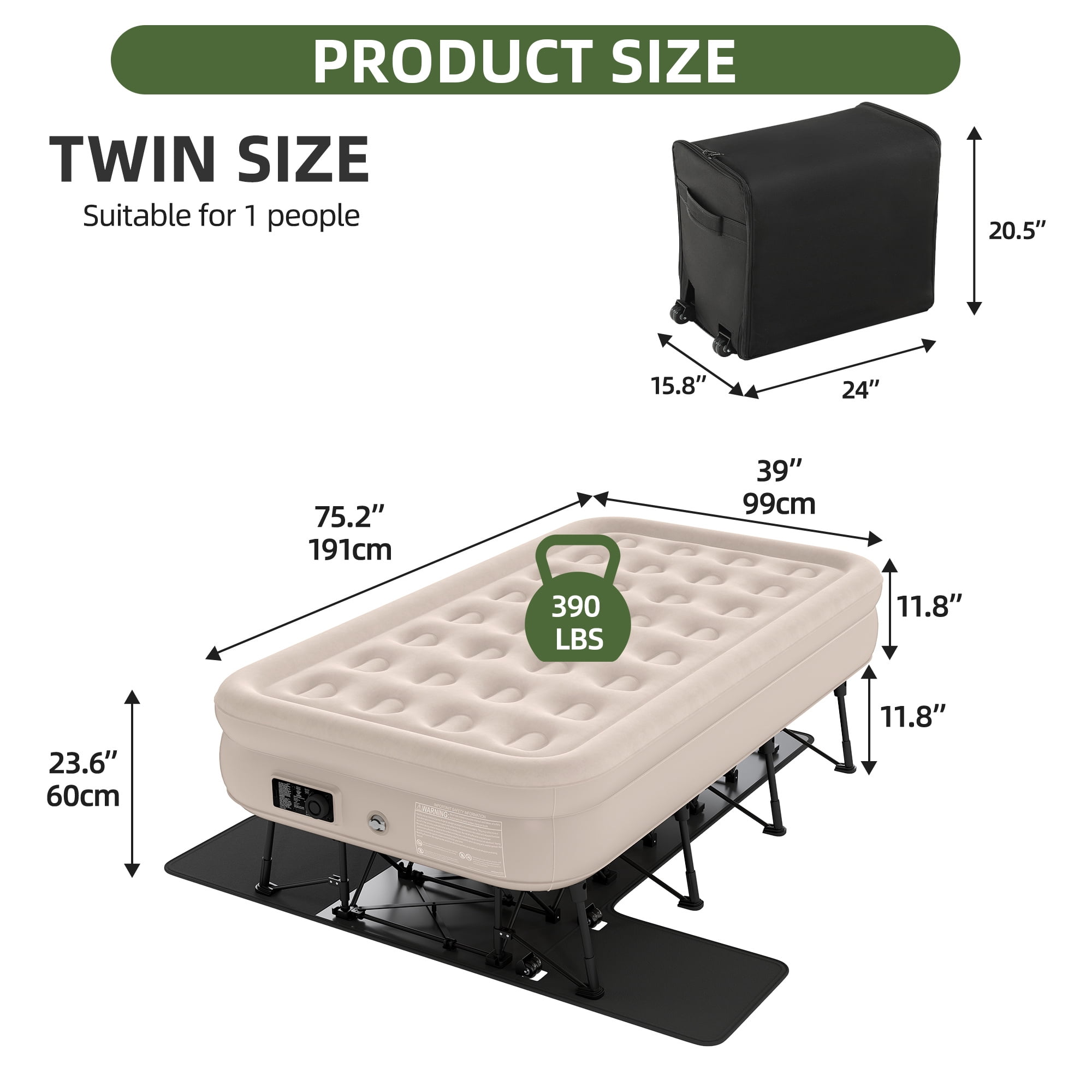 Uforic Twin Inflatable Air Bed with Folding Frame and Rolling Bag, Built-in Pump Blow Up Mattress, Portable Air Mattress for Camping, Guest Room and Travel, 75 x 39 x 24 Inches, Brown