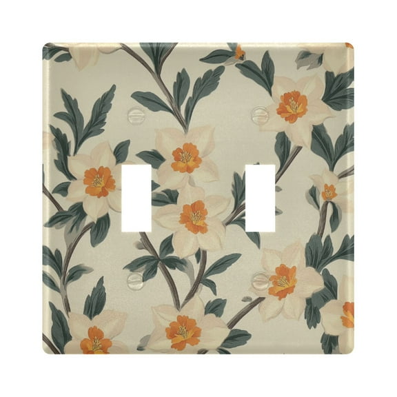 White Daffodils and Leaves Light Switch Cover Decorative 2 Gang Wall Plate Toggle Switchplate Faceplate