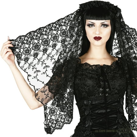- Sinister Gothic Black Embroidered Lace Bows & Satin Roses Wedding Veil w Roses