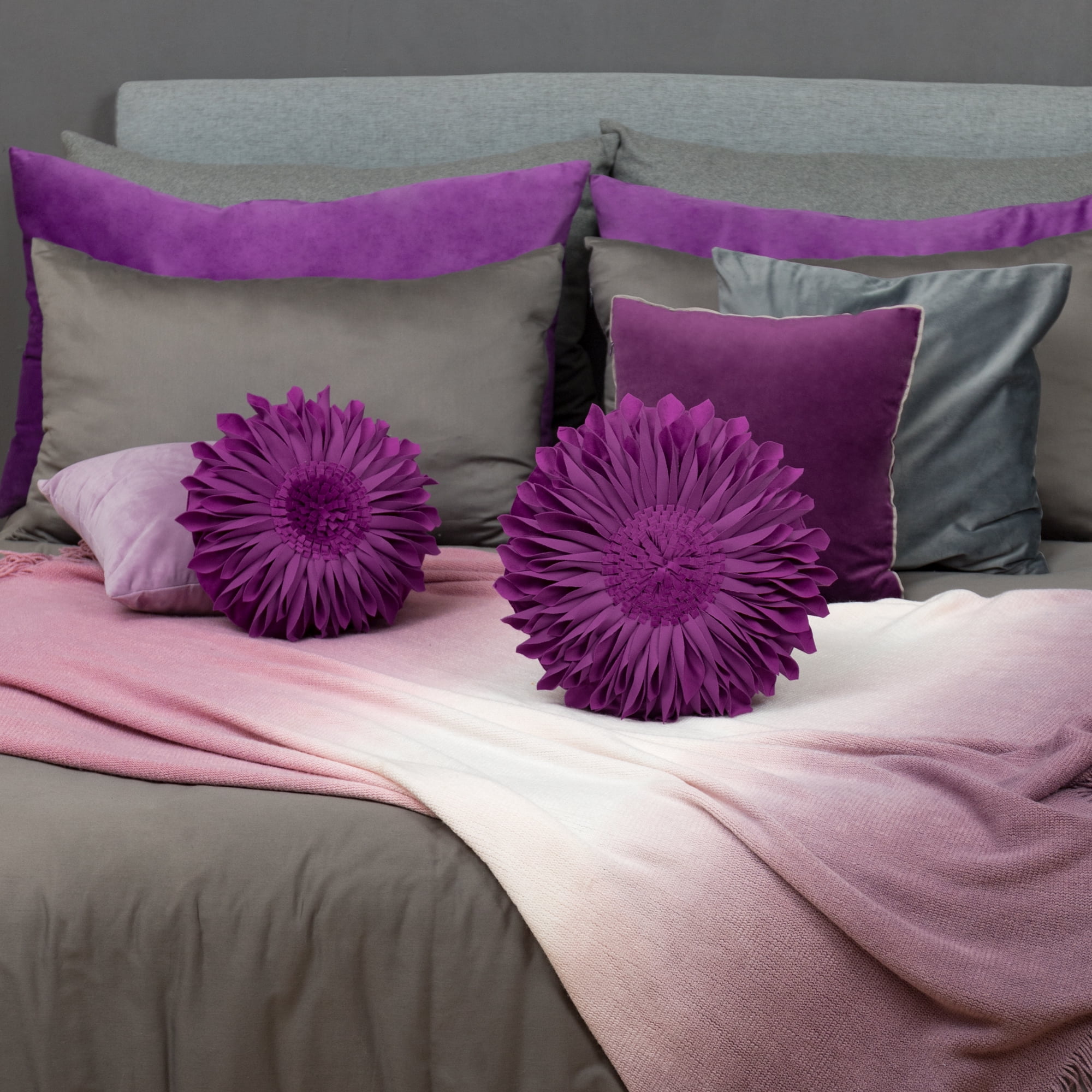 JWH 3D Handmade Round Decorative Soft Velvet Flower Pillows Throw Pillows for Bedroom Couch Bed Decor 14 Inch Berry