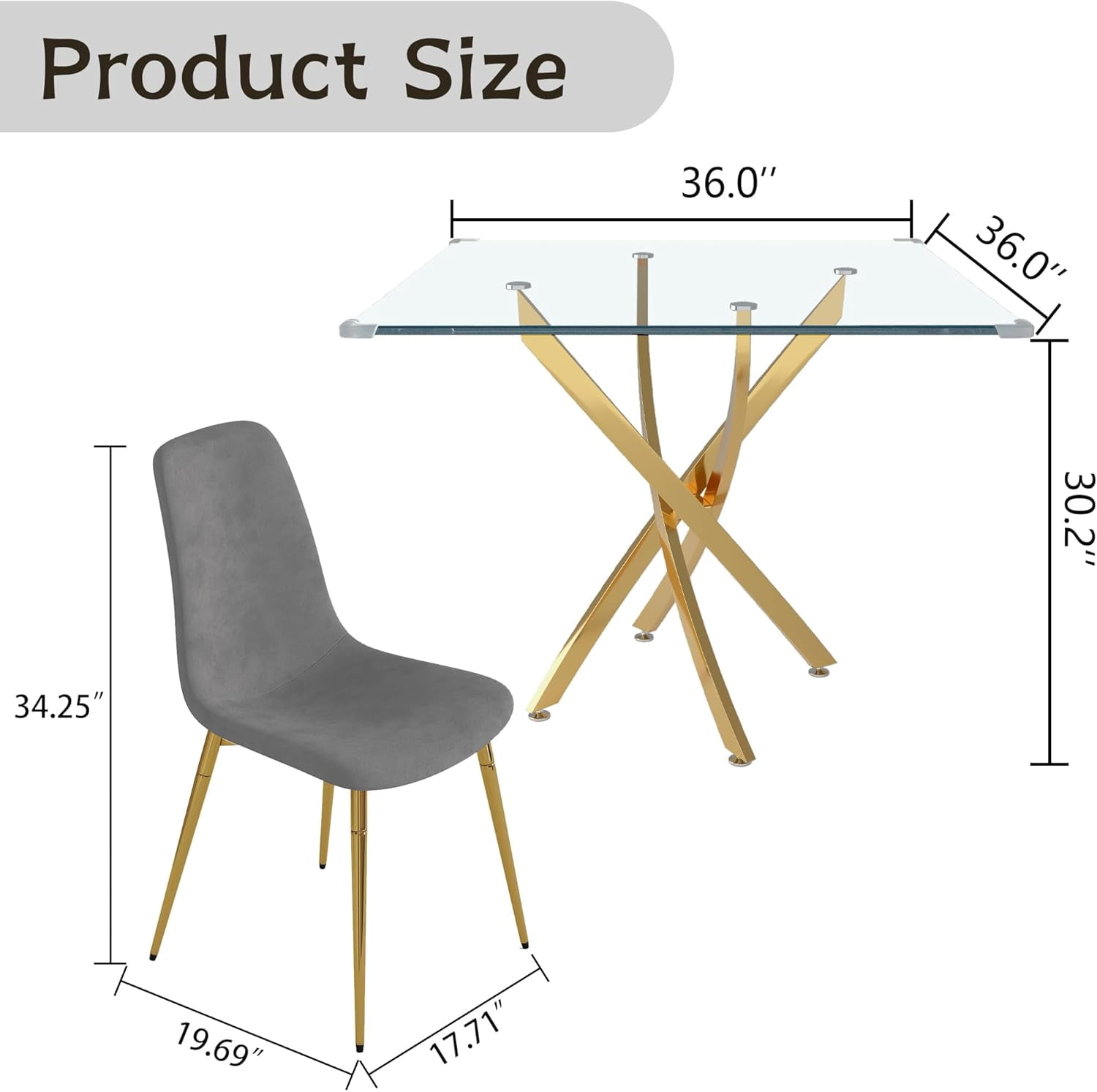 5-Piece 36" Square Glass Dining Set, Clear Tempered Glass Table & 4 Velvet Chairs with Stainless Steel Legs for Kitchen, Meeting Room
