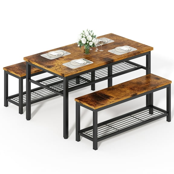 Baxluxe Dining Table Set for 4 with Storage, 43.4 Inch Retro Kitchen Table with 2 Benches, Rectangle Dining Table and Benches Set, 3 Pieces Dinette Set for Breakfast Nook, Apartment, Rustic Brown