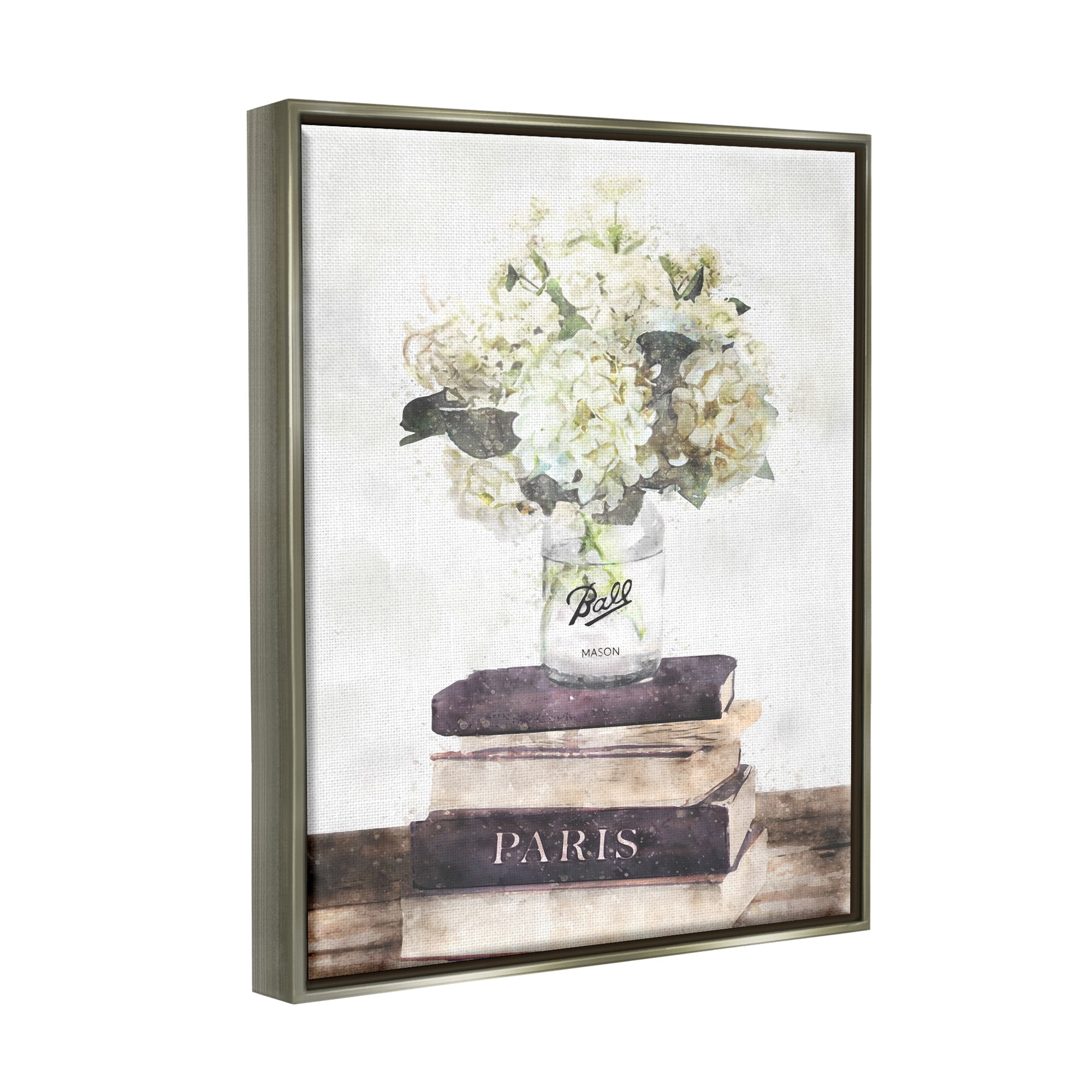 Stupell Industries Delicate White Florals on Parisian Bookstack Luster Gray Framed Floating Canvas Wall Art, 16x20, by Ziwei Li