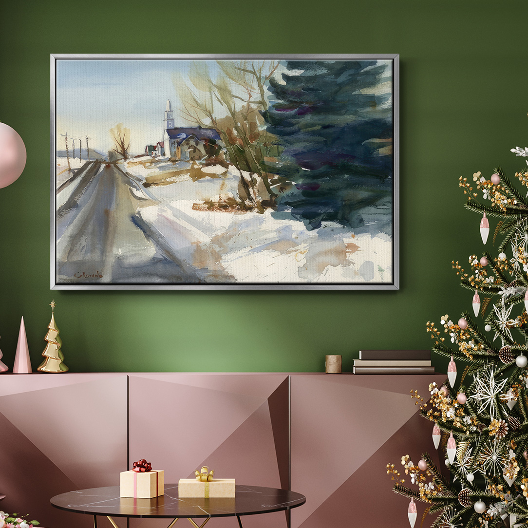 Congregational Church in Winter - Framed Gallery Wrapped Holiday Canvas - 25 x 37 - Silver Frame