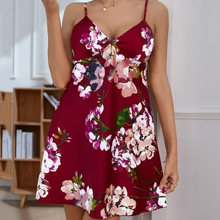Xysaqa Women Sexy Nightgown Chemise Mini Slip Dress Floral Print V Neck Negligee Sleepwear Spaghetti Straps Sleepdress Ladies Lingerie Summer Savings