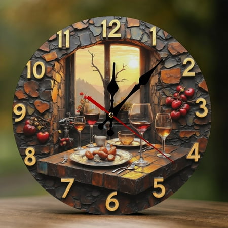 Wall Clock Decorative - Rustic Wine Dinner Print 2D Vintage Wall Clocks Battery Operated Silent Non-Ticking for Bedroom, Living Room, Kitchen, Office, Classroom, 10 Inch