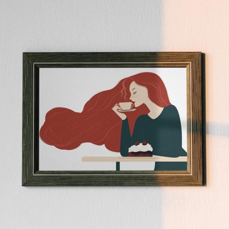 Coffee And Cake Woman Art Print: Minimalist Boho Illustration UNFRAMED PAPER POSTER Home Decor Vintage Gift Living Room Dercor