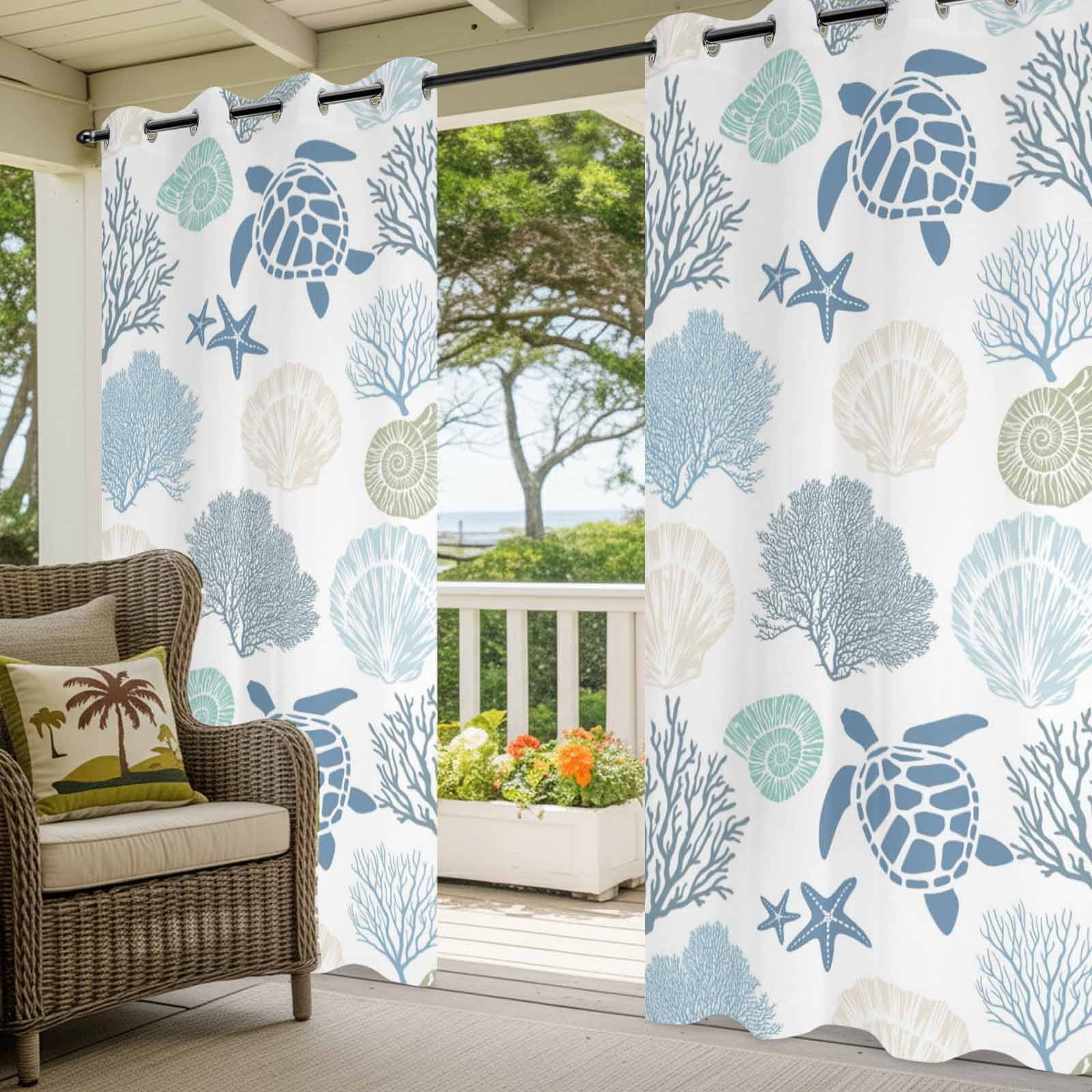 Summer Marine Life Outdoor Curtains for Patio, Graffiti Sea Turtle Starfish Teal Conch Coral Sunshade Privacy Drapes Grommet Waterproof Outside Curtains for Porch/Cabana/Balcony 54"x 108", 1 Panel