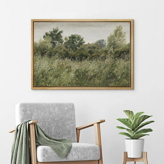 PixonSign Framed Canvas Print Wall Art Sage Green Forest Tree FLower Field Landscape Nature Wilderness Illustrations Fine Art Farmhouse Floral Botanical Calm/Relax Cozy for Bedroom - 16"x24" Natural