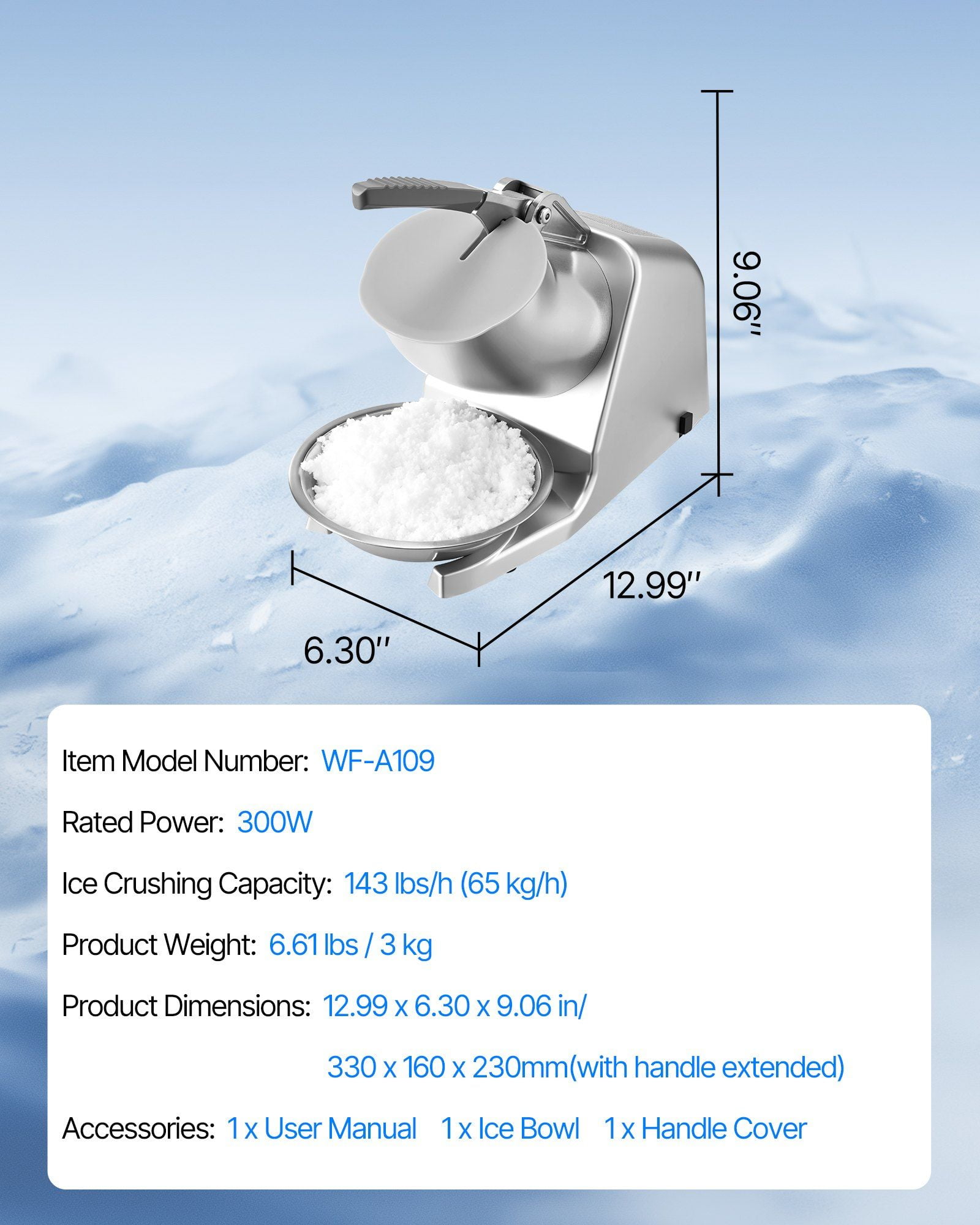 Commercial Ice Crusher 143LBS/H Electric Snow Cone Maker with Stainless Steel Blades, Shaved Ice Machine for Home, Bar, Restaurant, Office, Compact & Efficient Silver Design for Quick Ice Crushing