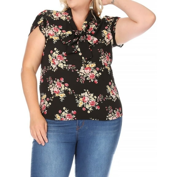 Women's Plus Size Casual Floral Petal Sleeve Bow Tie Neck Short Sleeve Blouse Shirt Top