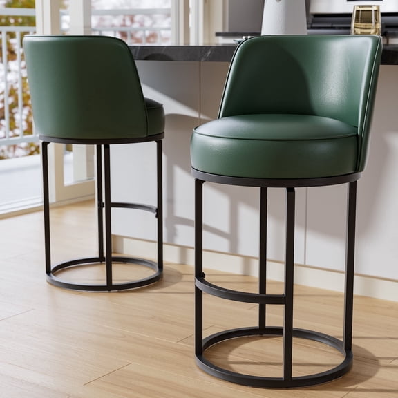 Genpo Bar Stools Set of 2, 26 inch Counter Height Bar Stools, Swivel Green Leather Barstools with Backs, Round Base, Footrest, Metal Legs for Kitchen Island