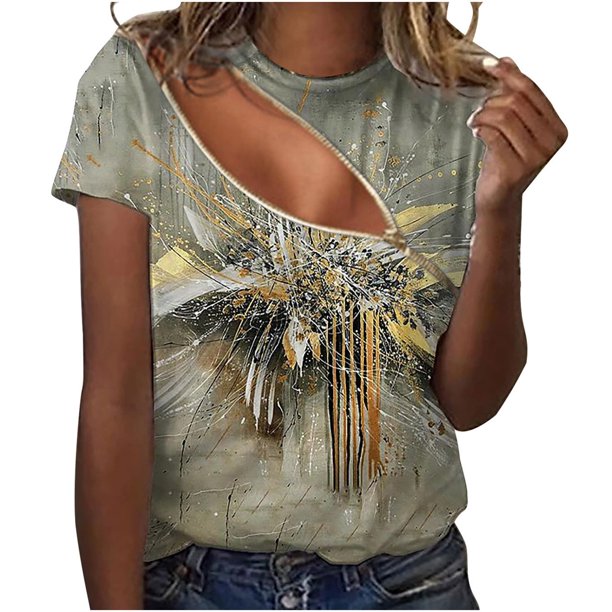Blusa de manga corta con cuello redondo y estampado de cremallera de verano de moda informal para mujer Pompotops hkajfhjk469251
