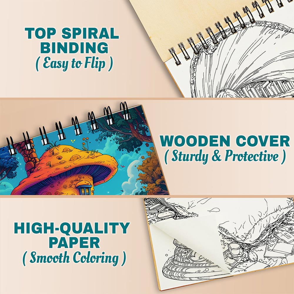 Netecom Pocket World Coloring Book Spiral Bound For Adults, A5 Wooden Cover, 30 Beautiful Coloring Pages of Miniature Landscapes for Stress Relief and Relaxation