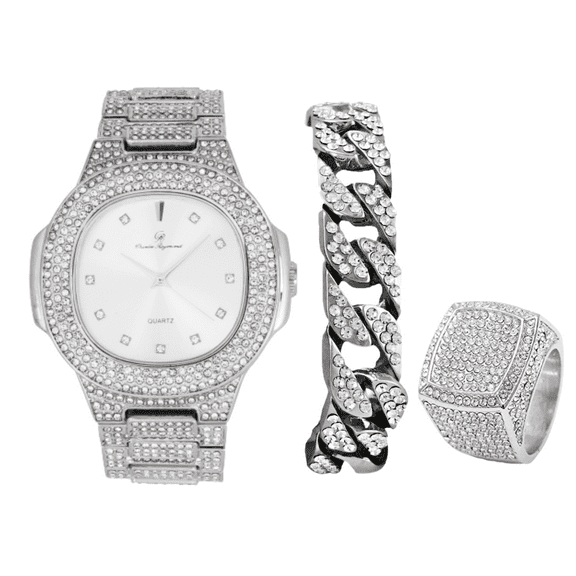 Charles Raymond Bling-ed Out Oblong Case Mens PP Look Watch with Matching Bling-ed Out Cuban Bracelet and King Ring Set - (9, ST10235 DX Shiny SLV)