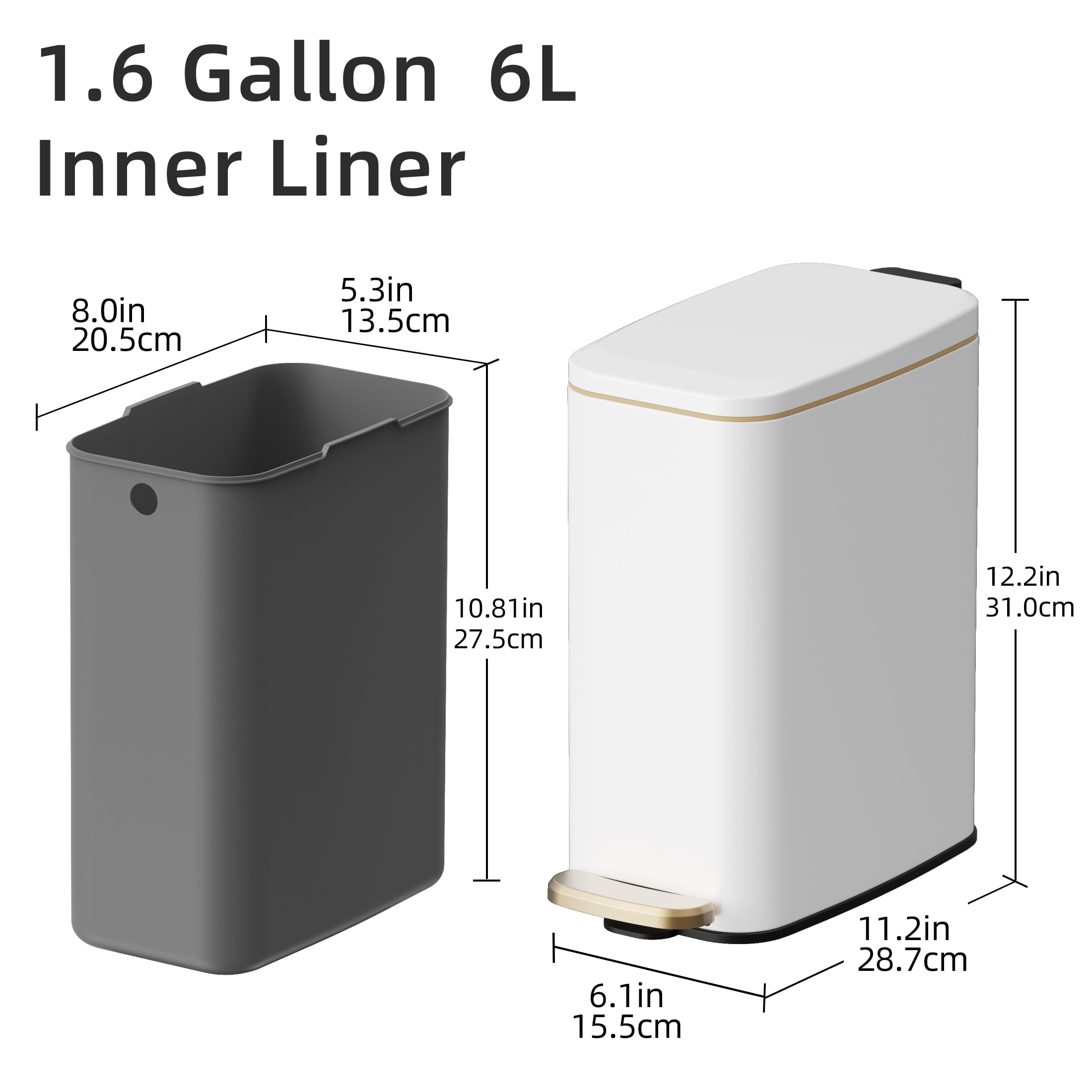 KSSKSS 1.6 Gallon/6L Small Bathroom Steel Step Trash Can, Soft-Close Lid & Fingerprint-Proof, Slim Wastebasket for Narrow Spaces (White)