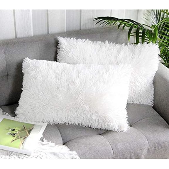 Eryueer 2 Packs Fall Winter Home Decorative White Fluffy Plush Pillow Cover 12"x20", Luxury White Faux Fur Throw Pillow Case Square Cushion Pillow Cover for Sofa Bed,Zippered True White 30x50 cm