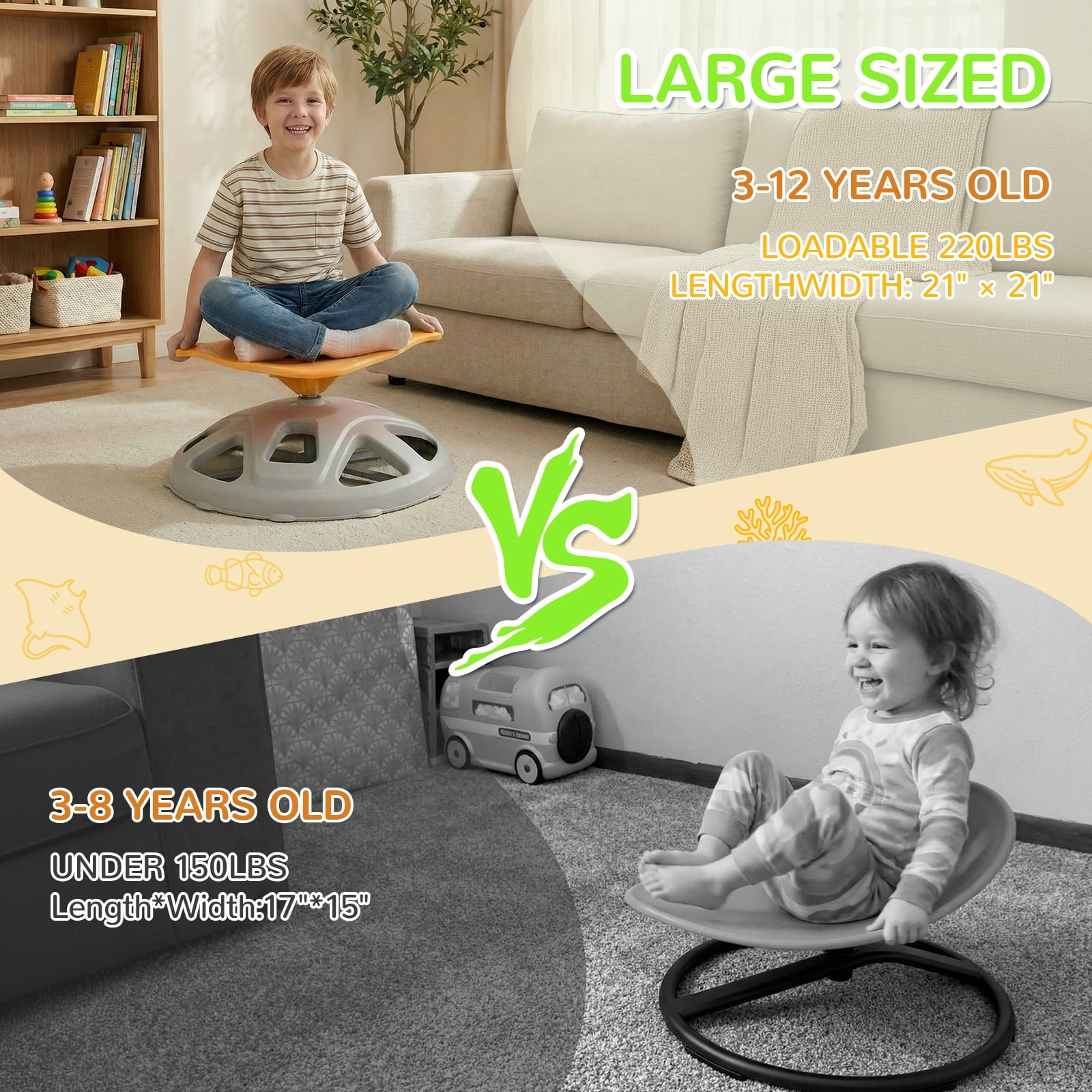 TLSUNNY Spinning Chair for Autistic Kids, Fish-Shaped , 220LB Capacity, 360°Sensory Swivel Chair W/ Upgraded Base, Sit and Spin Toys Indoor Outdoor Play