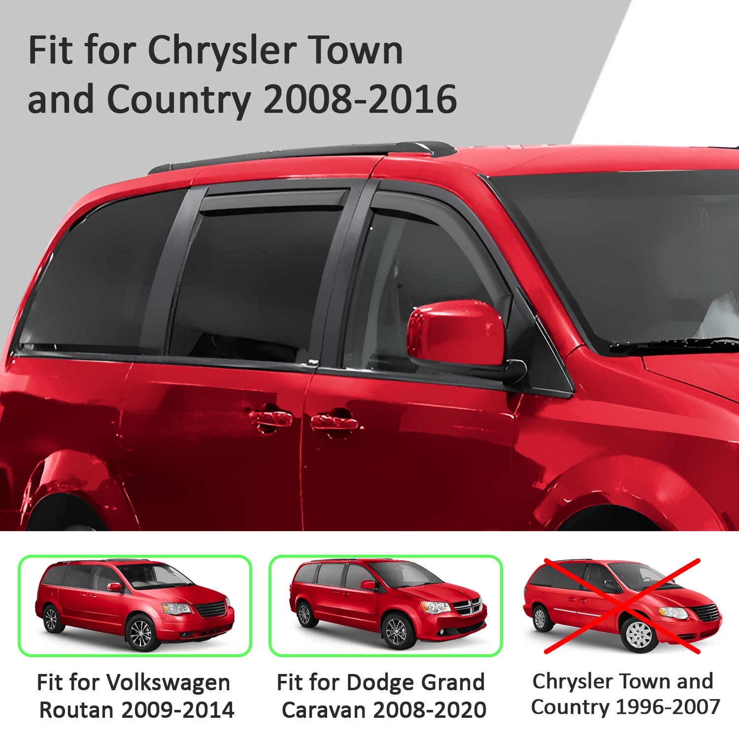Voron Glass in-Channel Extra Durable Rain Guards for Chrysler Town and Country 2008-2016, Window Deflectors, Vent Window Visors, 4 Pieces - 200741