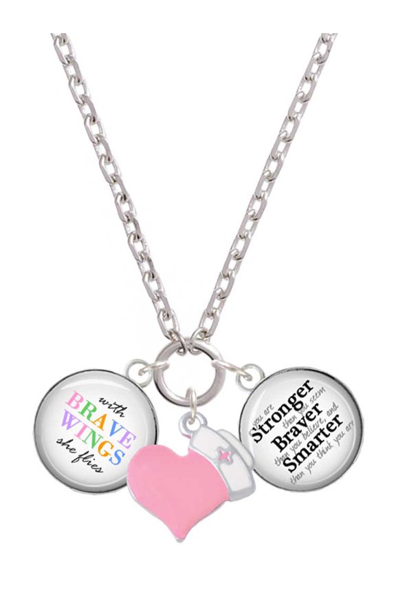 Domed Brave Wings - Light Pink Heart Nurse Strong Zoe Necklace