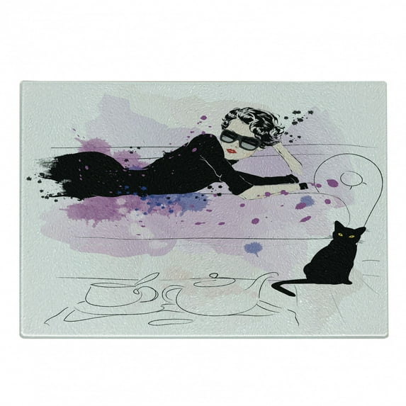 Kitten Cutting Board, Girl with Sunglasses Lying on Couch Cat in Home Theme with Stains Animals, Decorative Tempered Glass Cutting and Serving Board, Small Size, Black Lilac Lavender, by Ambesonne