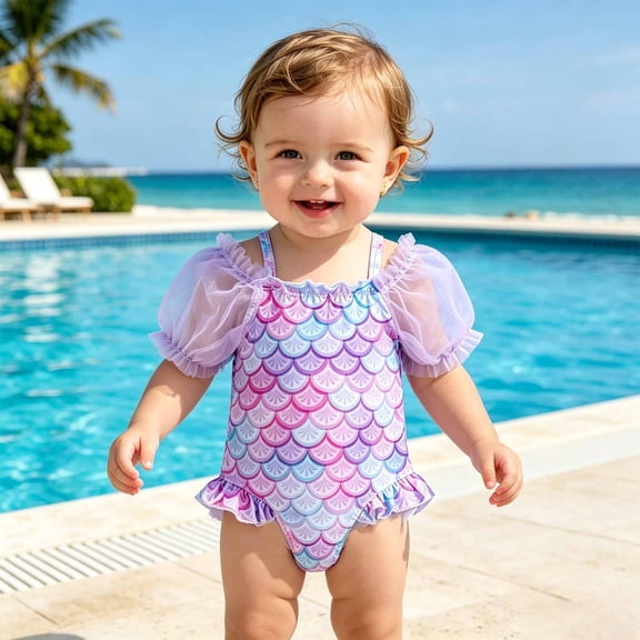 Baby Girl Swimsuit Square Neck Short Sleeve Mesh Ruffle Graphic Print Ruched One Piece for Vacation Girls Bathing Suit Purple 9 Months-12 Months