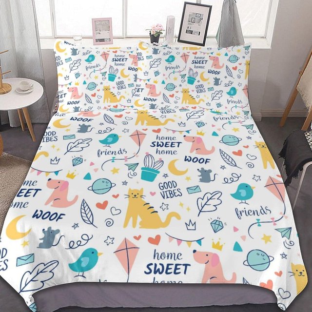 HAHDAXIA Cute Child Pattern Bedding Solid Comforter Set for All Seasons,3 Pieces(1 Comforter+2 Pillowcases),Soft Microfiber Bedding Set Queen(90"x90")