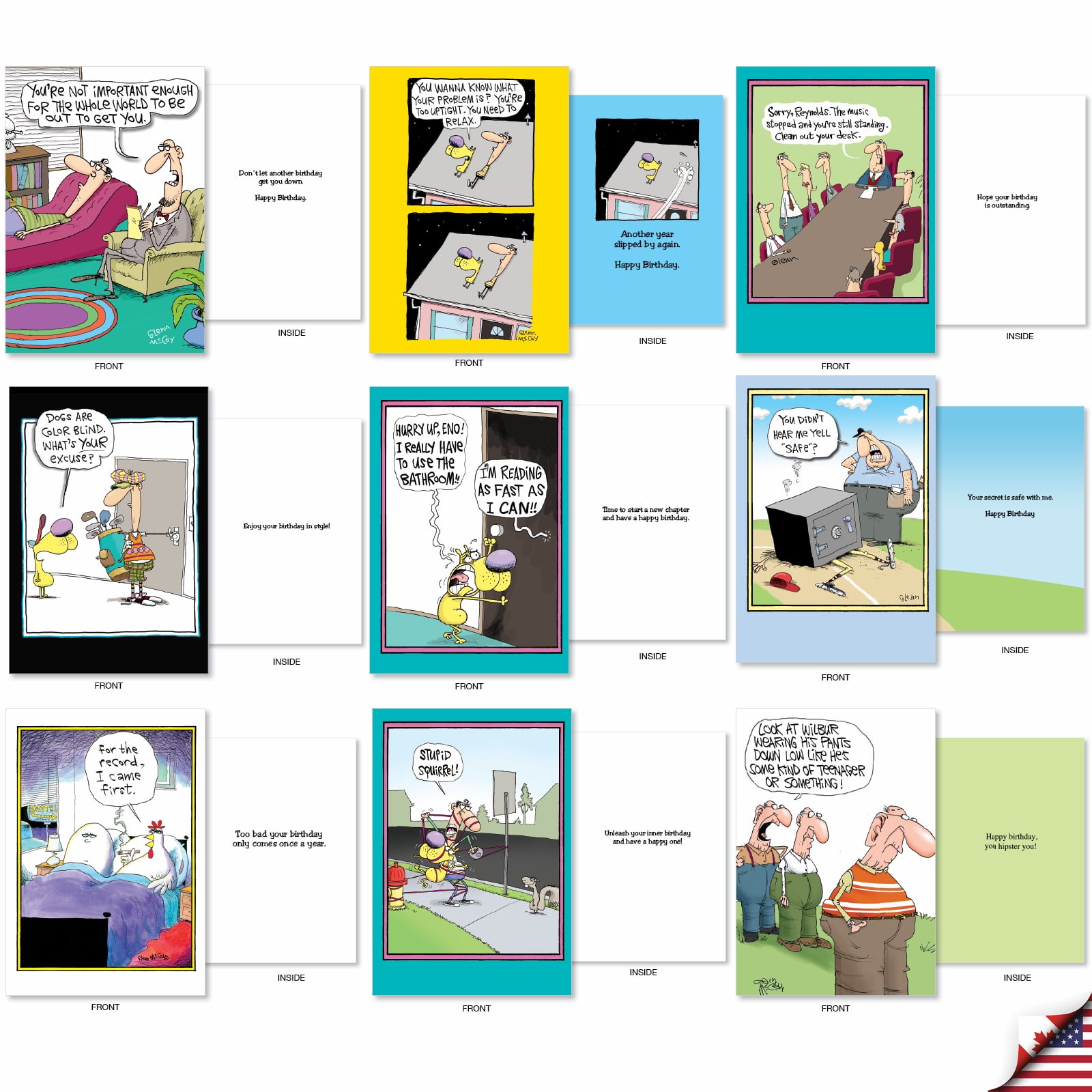 NobleWorks 36 Assorted Box Set Funny Birthday Greeting Cards w/5 x 7 Inch Envelopes (36 Designs, 1 Each) Bday McCoy Bros. Merriment AC7742BDG-B1x36
