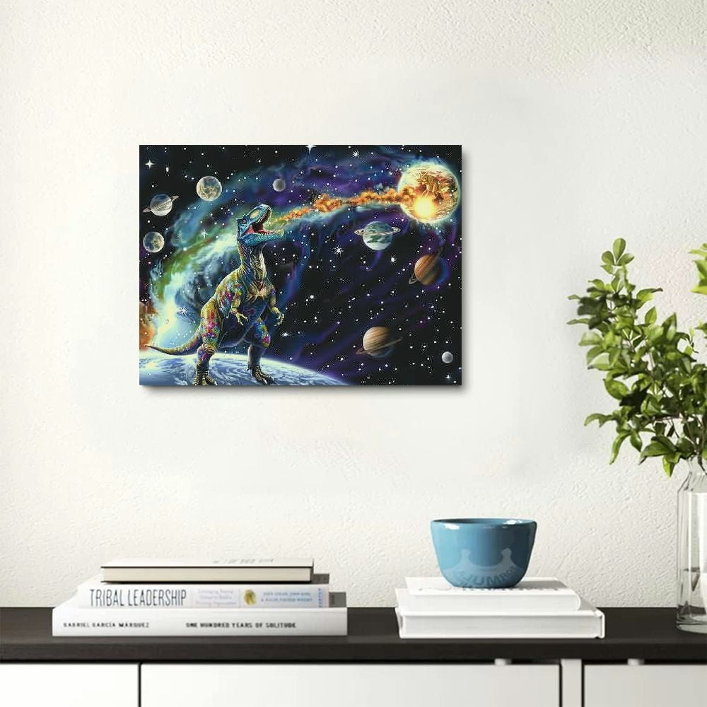 JRXY Dinosaur Decor Wall Art for Boy's Room Dinosaur Pictures Universe Space Decor Canvas Painting  Artwork for Living Room Bedroom  16x12inch