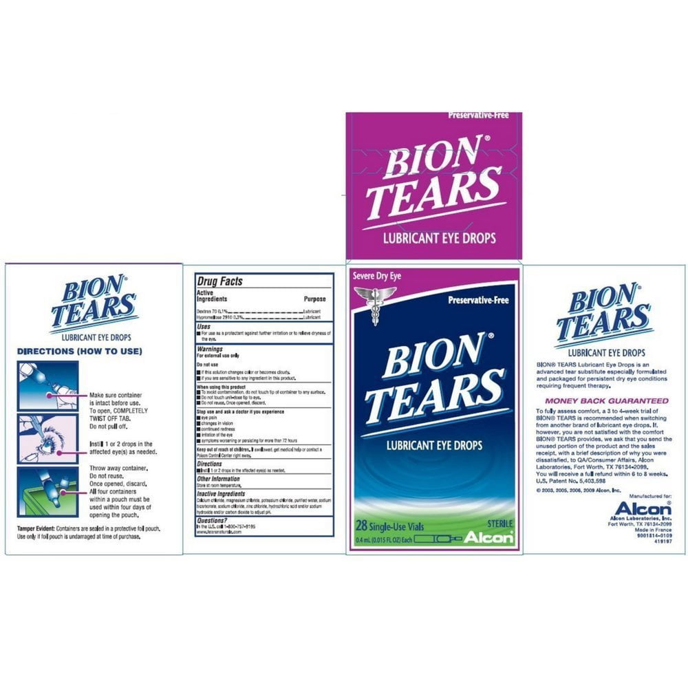 Bion Tears Lubricant Drops Dry Eye, No Preservative Sterile, 28ct, 4-Pack