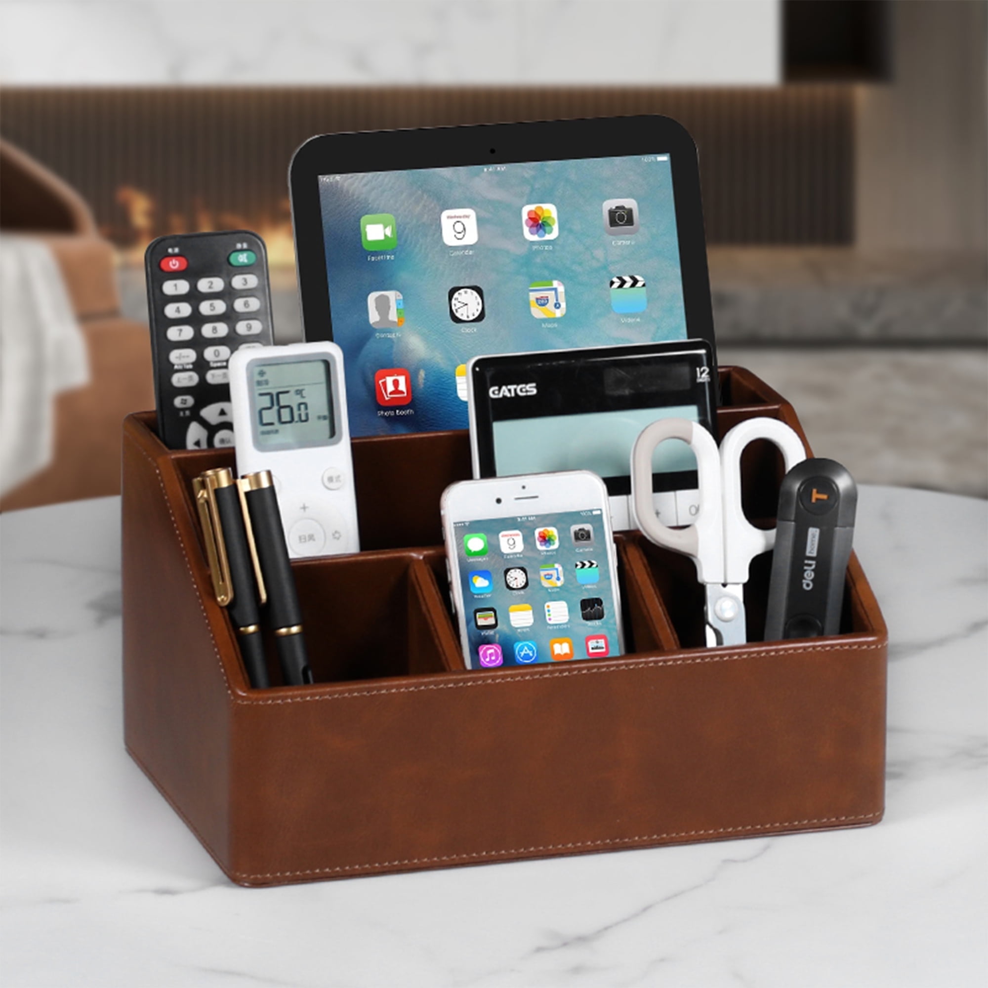 MEIBOOCH PU Leather Desk Organizer, Luxury Remote Control Holder for Home, Office Desk Accessories Table Caddy Bedside Nightstand Organizer (Brown)