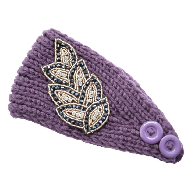 Crochet Headbands Winter Leaves Pattern with Rhinestones Elastic Head Protector Wide Warm Chunky Hair Accessories for Girls Petunia purple
