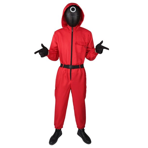 Squid Game Cosplay Costume Jumpsuit, Long Sleeved One-Piece Cosplay for Both Men and Women Boys Kids Funny Cosplay Costumes with Accessories for Men (Red) Size: 2XL