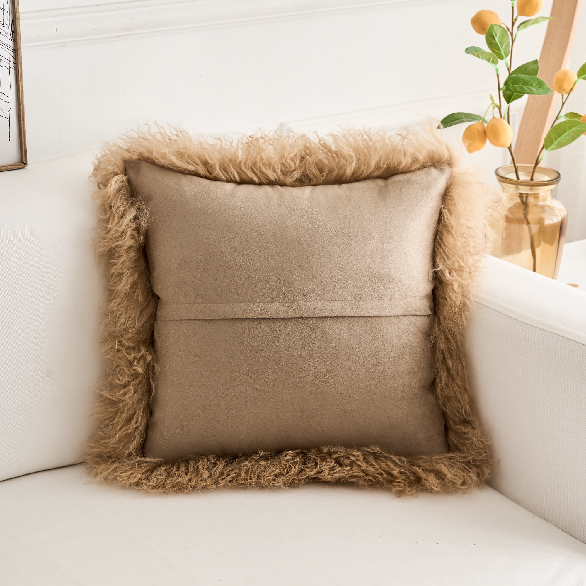 Firesidefur Lamb Fur Pillow Cover - 16"x16", Beige