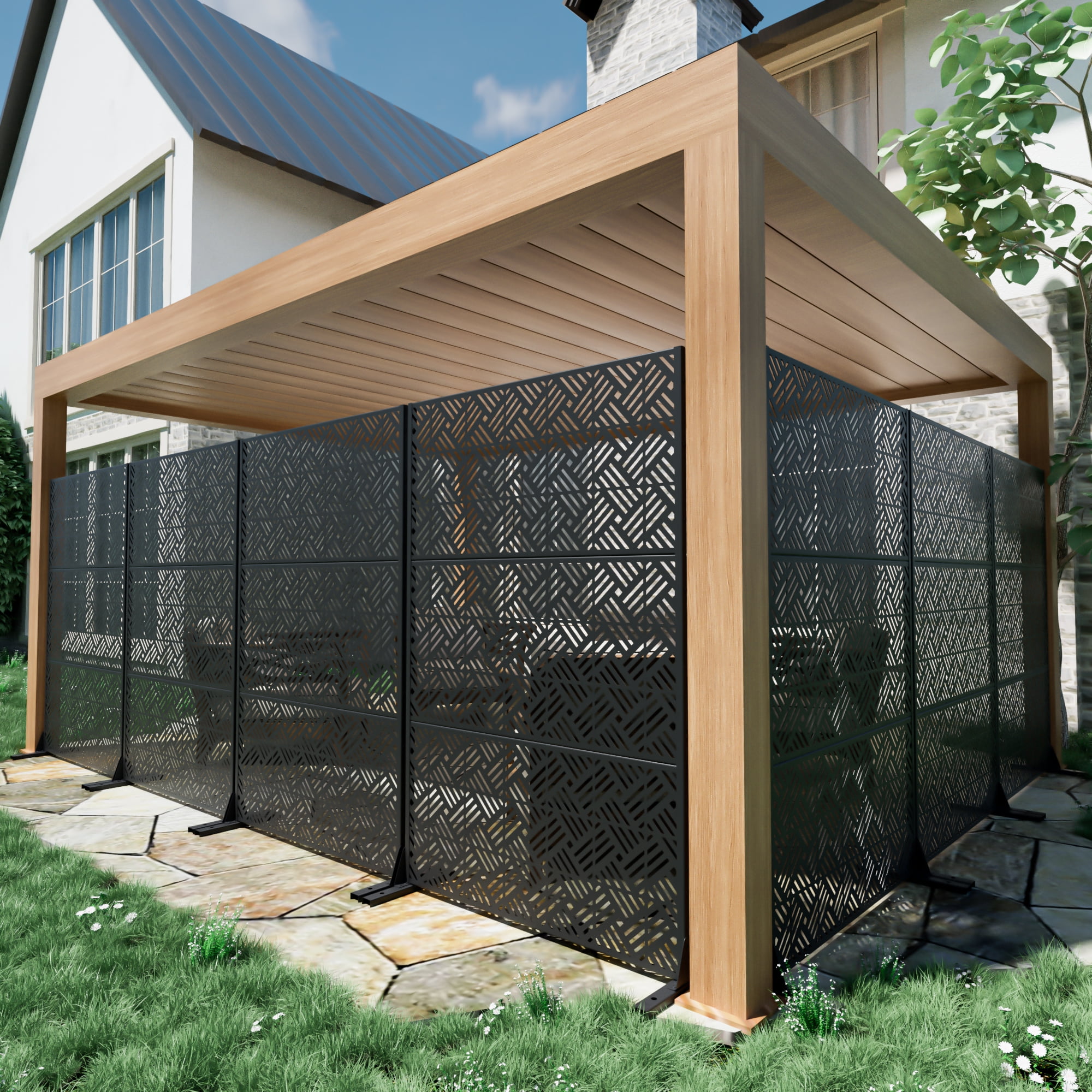 MAYEERTY 72*47" Outdoor Black Metal Freestanding Sheet Privacy Panel Screen for Patio, Woven Pattern