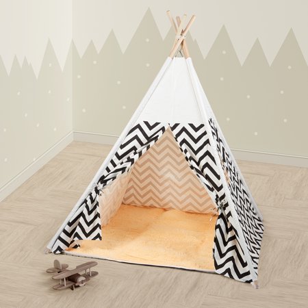 DUKE BABY Kids Teepee Tent – Cotton Canvas Tent for Indoor Outdoor with Tent Mat Holiday Gift for Kids Age 2-12 White Chevron