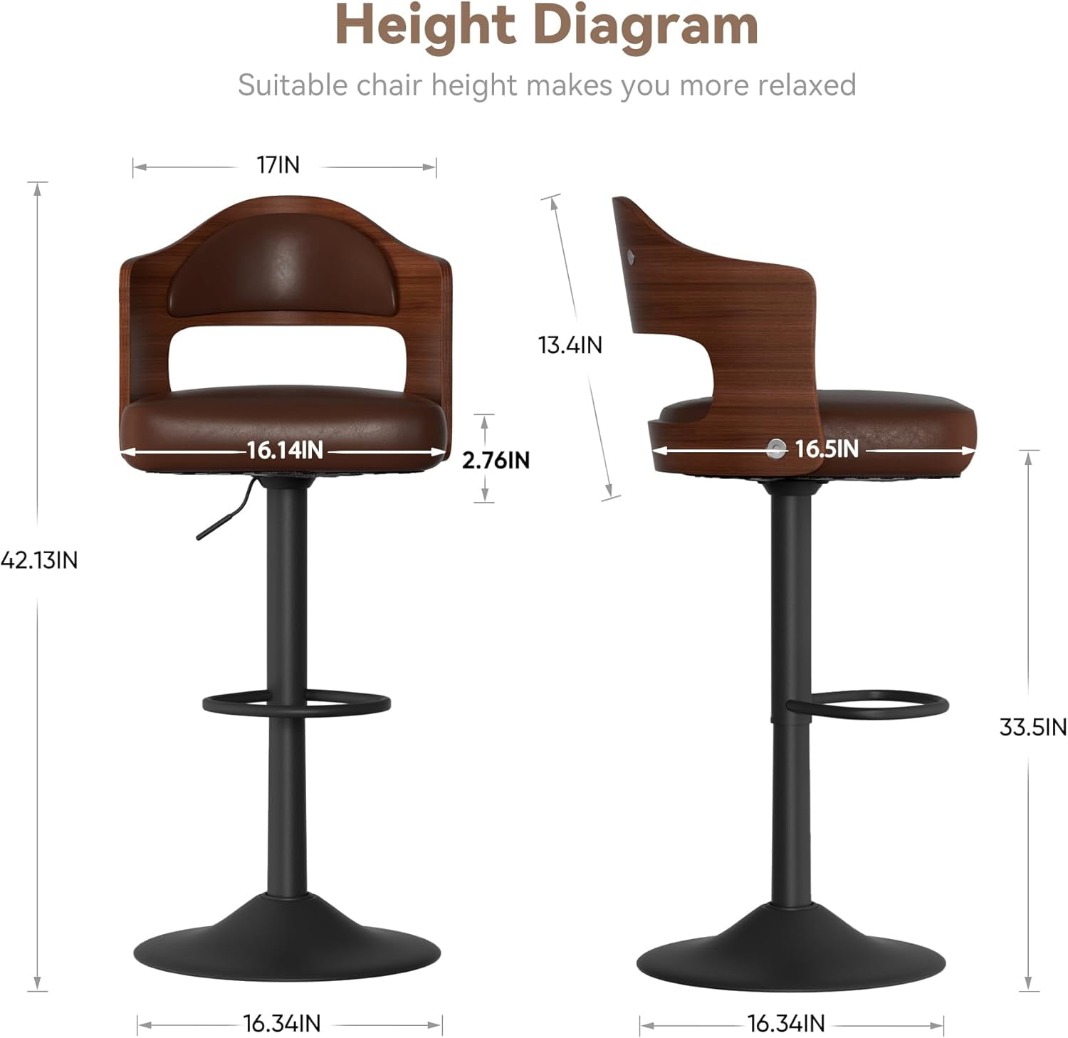 Hawsaiy Wooden Bar Stools Set of 4, Adjustable Height 24.5-33.5IN, Wooden Bar Chairs with PU Leather Upholstery, Back & Footrest for Kitchen, Dining, and Home Bar