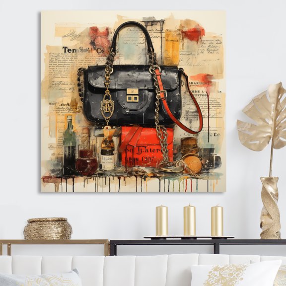 Designart "Vintage Handbag with Chic Couture" Fashion Wall Art - Glam Black Fashion Accessories Living Room Canvas Art