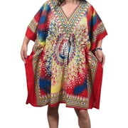 Mogul Womens Beach Wear Short Caftan Jewel Print Red Boho Kaftan Cover Up Dress One Size
