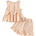 thumbnail image 1 of sertiohcv Toddler Girl Summer Outfit Toddler Girl Summer Clothes Baby Solid Linen Outfit Bows Ruffle Tank Tops Shirts + Ruffled Short Set Beige Size for 2-3 Years, 1 of 8