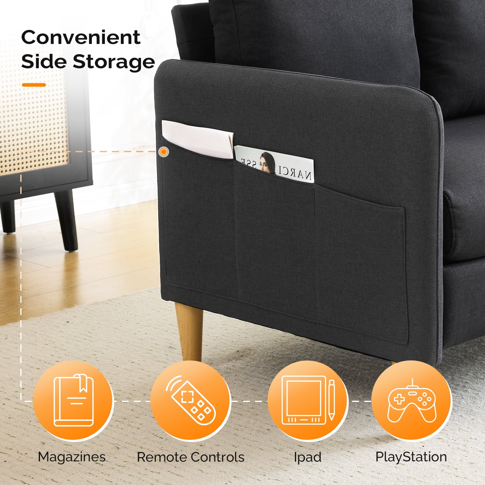 Ktaxon Loveseat Sofa with Side Bags 47" 2-Seat Small Couch with Wood Legs for Living Room Bed Room Black