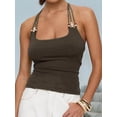thumbnail image 4 of Women'S Boho Beaded Halter Top Y2k Spaghetti Strap Tie Back Sleeveless Rave Going Out Tops Dark Green S, 4 of 9