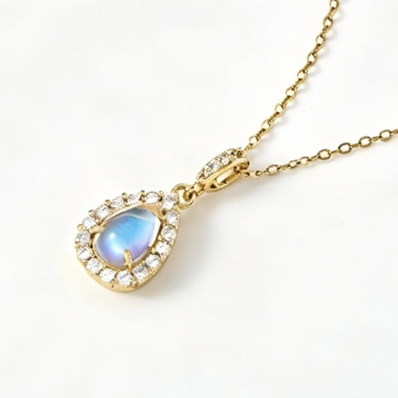 YMCSTONEMA 18K Gold Plated Pendant Necklace For Women, Teardrop Moonstone Halo CZ Stainless Steel Dainty Necklace