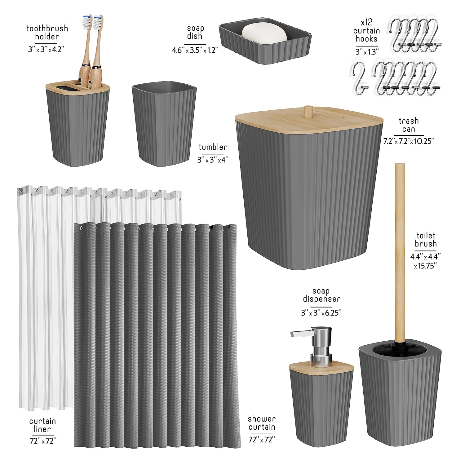 Virtu 20 Piece Bamboo Bathroom Sets, Gray Bathroom Accessories Sets for Minimalistic Bathroom Décor