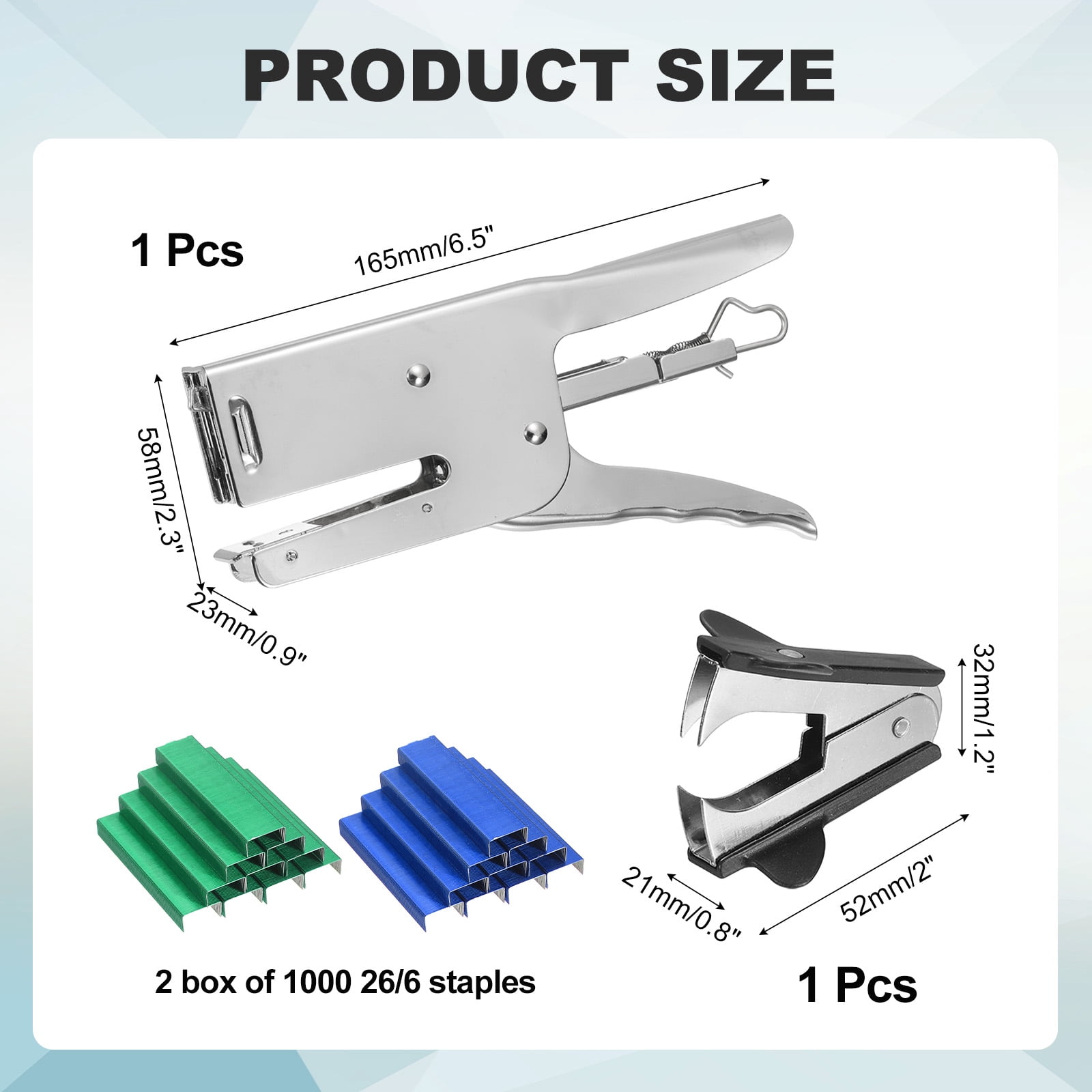 Desktop Stapler Heavy Duty, 1 Set Handheld Plier Stapler No Jam with Staples Remover and 2000 Green & Blue 26/6 Staples Set for Office Supplies Workplace Paperwork Cardboard, Silver
