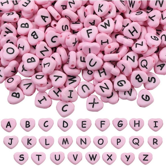 300Pcs Pink Heart Shaped Letter Beads Craft Alphabet Beads Valentine Opaque Random Black Letters Small Loose Pony Spacers Findings for Jewelry Making Bracelet Necklace Earrings DIY Crafting