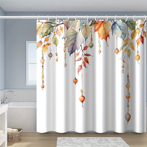 Watercolor Autumn Maple Leaf Shower Curtain with Hooks, Fall Botanical Bathroom Decor