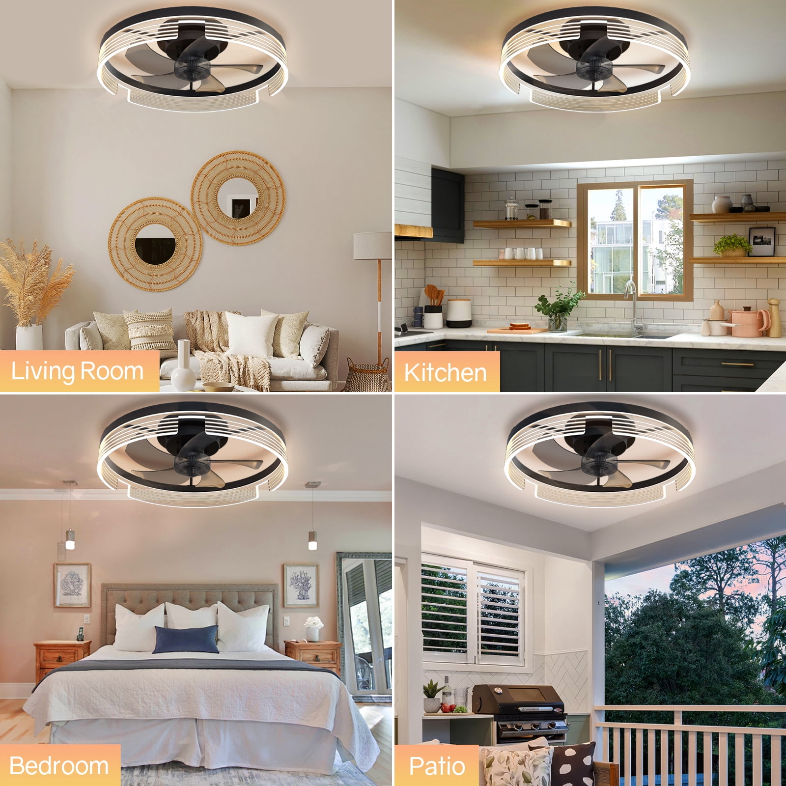 Surnie Black Ceiling Fan with Light-Modern Flush Mount Low Profile Ceiling Fans Timing Remote Control, Smart Small Enclosed Reversible Dimmable LED Lighting Fan for Indoor Bedroom Living Room Kitchen