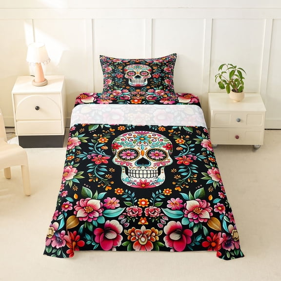Homewish Gothic Sugar Skull Twin Sheets,Watercolor Flowers Bedding,Pink Green,3-Piece,1 Fitted Sheet and 1 Pillowcase