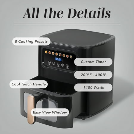 Cook With Color Digital Air Fryer, 5.2Qt Basket, 1400W, 8 Presets, Black